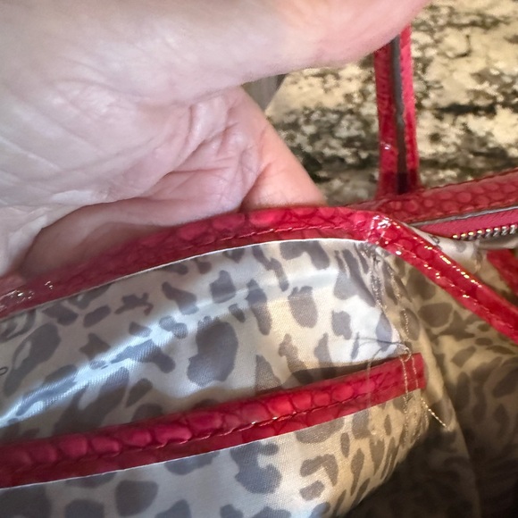 GUESS Hot Pink Croc-Embossed Satchel with Leopard Stripe - Picture 6 of 9